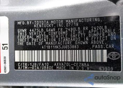 2018 Toyota Camry Le z USA, uszkodzony, nr VIN 4T1B11HK5JU653883